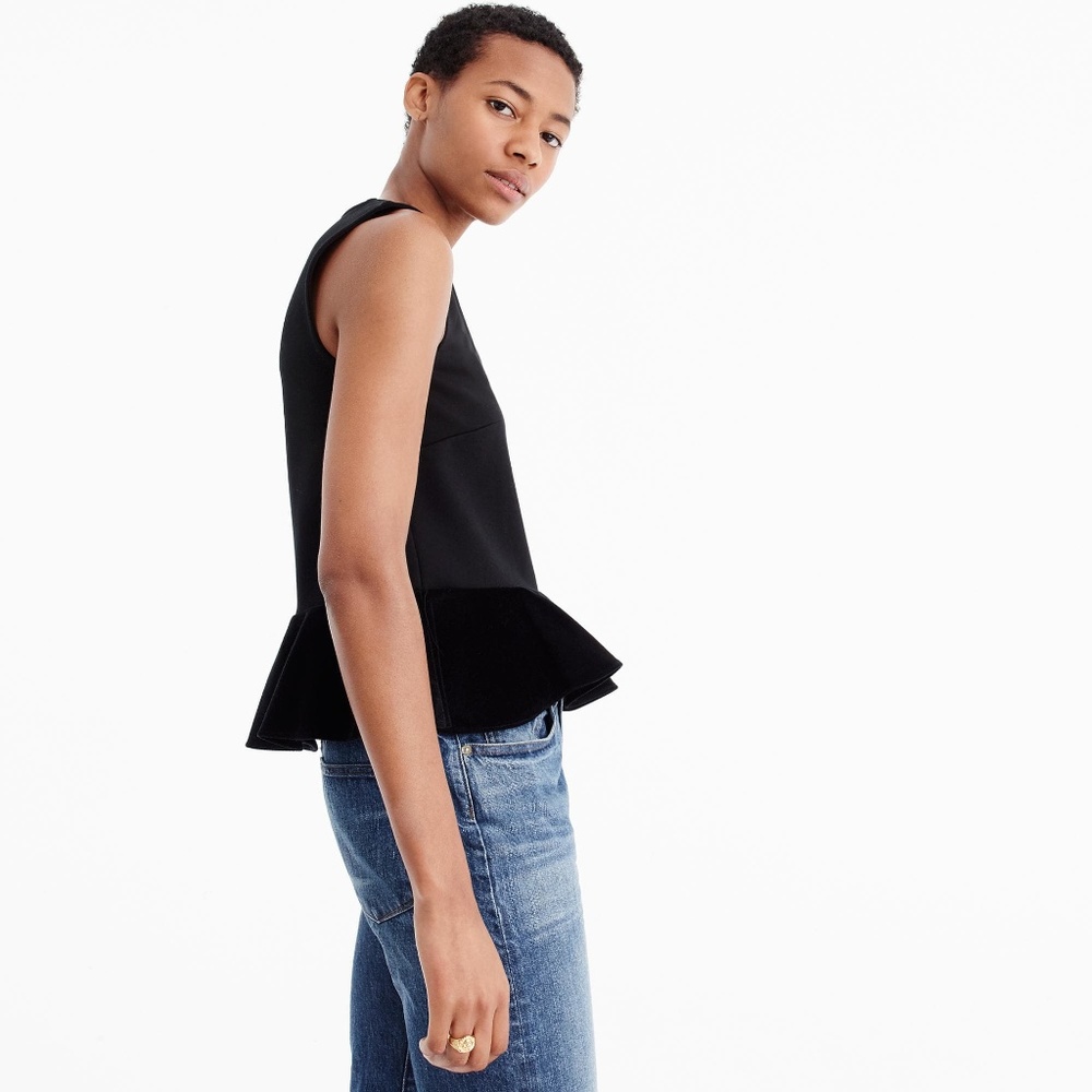 NWT- J.Crew Black Peplum top velvet trim at bottom Large - Picture 2 of 8